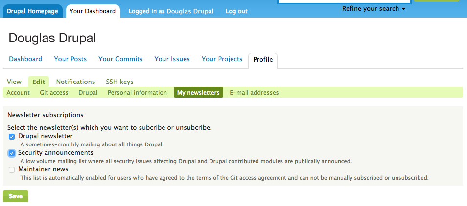 Drupal.org newsletter subscription