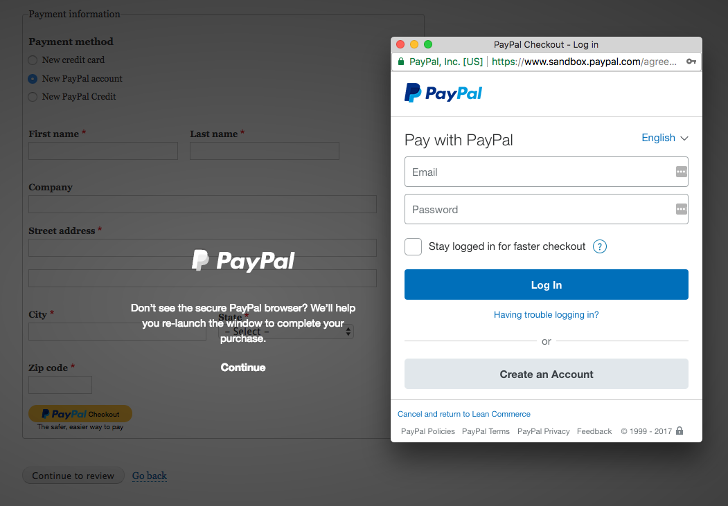 PayPal Express Checkout modal in Commerce 2.x